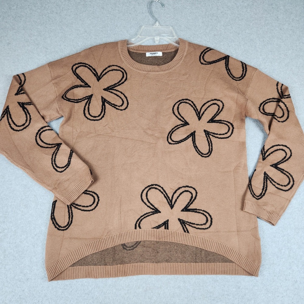 Zeagoo Sweater Womens L Brown Tight Knit Floral Crewneck High-Low Hem Pullover